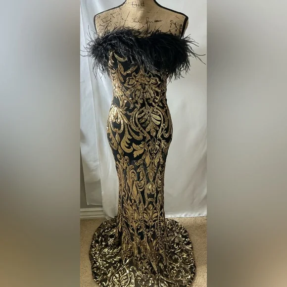 Fashion Nova Black and Gold Prom Dress - Picture 2 of 14